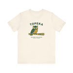 Cream vintage Topeka Owls t-shirt with owl sitting on a baseball bat graphic and team text design