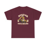 Hoquiam Perfect Gentlemen Heavyweight T-Shirt in maroon with the Hoquiam Perfect Gentlemen logo, a mustached gentleman in a straw boater tipping his hat between two pennants on the front