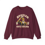 Hoquiam Perfect Gentlemen Crewneck Sweatshirt in maroon with the Hoquiam Perfect Gentlemen logo, a mustached gentleman in a straw boater tipping his hat between two pennants on the front