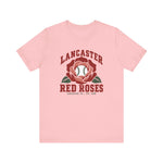 Lancaster Red Roses Premium Lightweight T-Shirt in pink with the Lancaster Red Roses logo, a red rose with a baseball at its center on the front