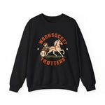 Woonsocket Trotters Crewneck Sweatshirt in black with the Woonsocket Trotters logo, a harness racing driver in a baseball cap behind a trotting horse, the sulky wheel drawn as a baseball on the front