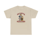 Olympia Senators Heavyweight T-Shirt in sand with the Olympia Senators logo, a bearded senator in a frock coat at a podium with a bat on the front