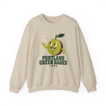 Portland Green Gages Crewneck Sweatshirt in sand with the Portland Green Gages logo, a cartoon green plum tossing a baseball on the front