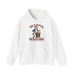 Olympia Senators Hoodie in white with the Olympia Senators logo, a bearded senator in a frock coat at a podium with a bat on the front