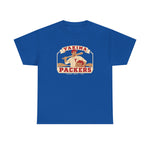 Yakima Packers Heavyweight T-Shirt in royal with the Yakima Packers logo, a ballplayer holding a bat and a crate of apples on the front