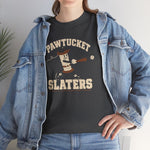 Pawtucket Slaters Heavyweight T-Shirt in dark heather with the Pawtucket Slaters logo, a cotton mill bobbin character in a ball cap swinging a bat, with a loose thread trailing behind on the front, worn by model