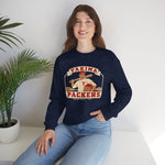 Yakima Packers Crewneck Sweatshirt in navy with the Yakima Packers logo, a ballplayer holding a bat and a crate of apples on the front, worn by model
