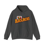 Reno BlackJacks Hoodie in dark heather with the Reno BlackJacks logo, a Jack of Spades holding a bat above slanted BlackJacks lettering on the front