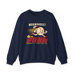 Woonsocket Speeders Crewneck Sweatshirt in navy with the Woonsocket Speeders logo, a running baseball character with speed lines and its cap flying off, over Speeders in bold red italic letters on the front