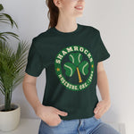 Roseburg Shamrocks Premium Lightweight T-Shirt in forest with the Roseburg Shamrocks logo, a shamrock of baseballs with a bat stem in a green ring on the front, worn by model