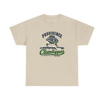 Providence Clamdiggers Heavyweight T-Shirt in sand with the Providence Clamdiggers logo, a quahog clam character in a green cap raking a Narragansett Bay mudflat, with Clamdiggers in green script on the front