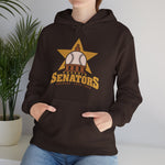 Phoenix Senators Hoodie in dark chocolate with the Phoenix Senators logo, a baseball as the capitol dome in front of a gold star on the front, worn by model