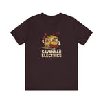 Savannah Electrics Premium Lightweight T-Shirt in oxblood black with the yellow cartoon trolley car mascot swinging a bat with sparks on the front