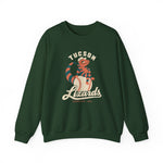 Tucson Lizards Crewneck Sweatshirt in forest green with the Tucson Lizards logo, a striped lizard in a ball cap lounging on a baseball on the front