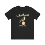 Black Waterloo White Hawks vintage baseball team t-shirt with hawk logo and text from Illinois-Indiana-Iowa League