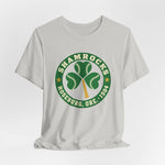 Roseburg Shamrocks Premium Lightweight T-Shirt in silver with the Roseburg Shamrocks logo, a shamrock of baseballs with a bat stem in a green ring on the front, hanging