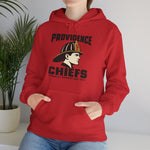 Providence Chiefs Hoodie in red with the Providence Chiefs logo, a fire chief in profile under a leather helmet with a P on the front shield on the front, worn by model