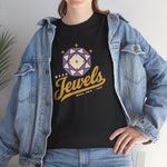 Mesa Jewels Heavyweight T-Shirt in black with the Mesa Jewels logo, a faceted purple gem with a baseball diamond above Jewels script on the front, worn by model
