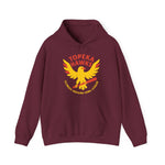 Maroon Topeka Hawks vintage baseball team hoodie with yellow hawk logo and front pouch pocket.