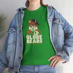 Globe Bears Heavyweight T-Shirt in irish green with the Globe Bears logo, a scowling bear cub in a ball cap and glove on the front, worn by model