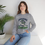 Providence Clamdiggers Crewneck Sweatshirt in sport grey with the Providence Clamdiggers logo, a quahog clam character in a green cap raking a Narragansett Bay mudflat, with Clamdiggers in green script on the front, worn by model