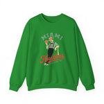 Miami Hustlers Crewneck Sweatshirt in irish green with the mustached man in a striped vest holding playing cards and a bat on the front