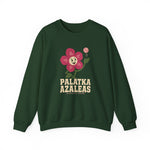 Palatka Azaleas Crewneck Sweatshirt in forest green with the smiling pink flower mascot with two baseballs above it on the front