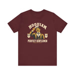 Hoquiam Perfect Gentlemen Premium Lightweight T-Shirt in maroon with the Hoquiam Perfect Gentlemen logo, a mustached gentleman in a straw boater tipping his hat between two pennants on the front