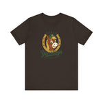 Ocala Yearlings Premium Lightweight T-Shirt in brown with the horse head peeking through a gold horseshoe wearing a green cap on the front