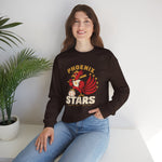 Phoenix Stars Crewneck Sweatshirt in dark chocolate with the Phoenix Stars logo, a red phoenix bird holding a bat, ringed by stars on the front, worn by model