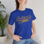 Anderson Lawmen Premium Lightweight T-Shirt in true royal with the Anderson Lawmen logo, gold script lettering with a tail swoosh on the front, worn by model