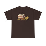 Clovis Pioneers Heavyweight T-Shirt in dark chocolate with the Clovis Pioneers logo, a ballplayer with a raised bat riding a horse-drawn covered wagon, with Pioneers on the canvas on the front