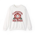 Lancaster Red Roses Crewneck Sweatshirt in white with the Lancaster Red Roses logo, a red rose with a baseball at its center on the front