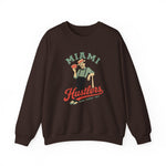 Miami Hustlers Crewneck Sweatshirt in dark chocolate with the mustached man in a striped vest holding playing cards and a bat on the front