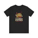 Savannah Electrics Premium Lightweight T-Shirt in black with the yellow cartoon trolley car mascot swinging a bat with sparks on the front