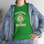 Tacoma Daisies Heavyweight T-Shirt in irish green with the Tacoma Daisies logo, a daisy inside a diamond with a mountain peak above on the front, worn by model