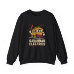 Savannah Electrics Crewneck Sweatshirt in black with the yellow cartoon trolley car mascot swinging a bat with sparks on the front