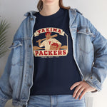Yakima Packers Heavyweight T-Shirt in navy with the Yakima Packers logo, a ballplayer holding a bat and a crate of apples on the front, worn by model