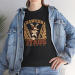 Dawson Stags Heavyweight T-Shirt in black with the Dawson Stags logo, a stag ballplayer with a bat on his shoulder between canyon walls, with Stags in brown block letters on the front, worn by model