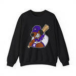 Merrillville Muddogs Crewneck Sweatshirt in black with the Merrillville Muddogs logo, a snarling bulldog in a purple cap holding a bat on the front