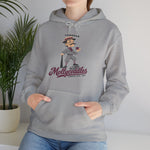 Tonopah Mollycoddles Hoodie in sport grey with the Tonopah Mollycoddles logo, a monocled deadball-era dandy holding a teacup and leaning on his bat on the front, worn by model