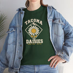 Tacoma Daisies Heavyweight T-Shirt in forest green with the Tacoma Daisies logo, a daisy inside a diamond with a mountain peak above on the front, worn by model