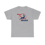 Bend Bucks Heavyweight T-Shirt in sport grey with the Bend Bucks logo, a leaping buck over a red-stitched baseball on the front