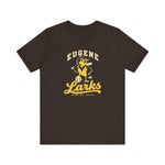 Eugene Larks Premium Lightweight T-Shirt in brown with the Eugene Larks logo, a cartoon meadowlark with a bat and a baseball on the front