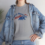 Blue Mountain Bears Heavyweight T-Shirt in sport grey with the Blue Mountain Bears logo, a snarling bear below a red mountain peak on the front, worn by model