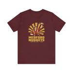 Medford Nuggets Premium Lightweight T-Shirt in maroon with the Medford Nuggets logo, a gold prospector catching a baseball in his pan on the front