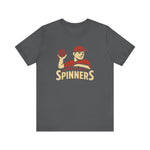 Grey Greenville Spinners baseball t-shirt featuring retro player graphic, premium lightweight Bella+Canvas fabric