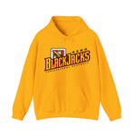 Reno BlackJacks Hoodie in gold with the Reno BlackJacks logo, a Jack of Spades holding a bat above slanted BlackJacks lettering on the front