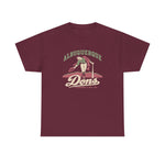 Albuquerque Dons Heavyweight T-Shirt in maroon with the Albuquerque Dons logo, a caped ballplayer bowing with his hat swept off in front of pink mountains, with Dons in cream script on the front
