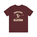 Pawtucket Slaters Premium Lightweight T-Shirt in maroon with the Pawtucket Slaters logo, a cotton mill bobbin character in a ball cap swinging a bat, with a loose thread trailing behind on the front